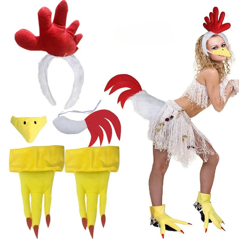 Women Rooster Chicken Costume Accessories Rooster Comb Headband Chicken Tail Rooster Beak Nose Mask Chicken Feet Costume Shoes