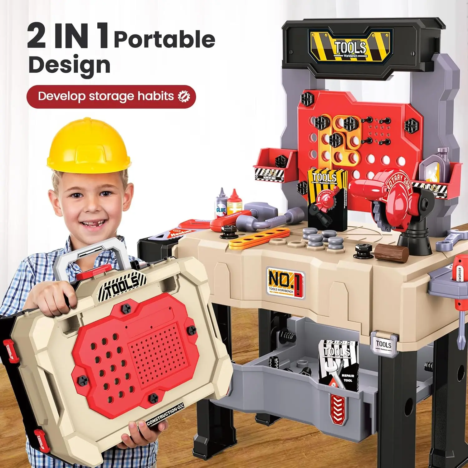 Large 2-in-1 Kids Tool Bench Set with Saw Screw Miter Pretend Play Construction Workbench Toys Education Toy for Boys & Girls