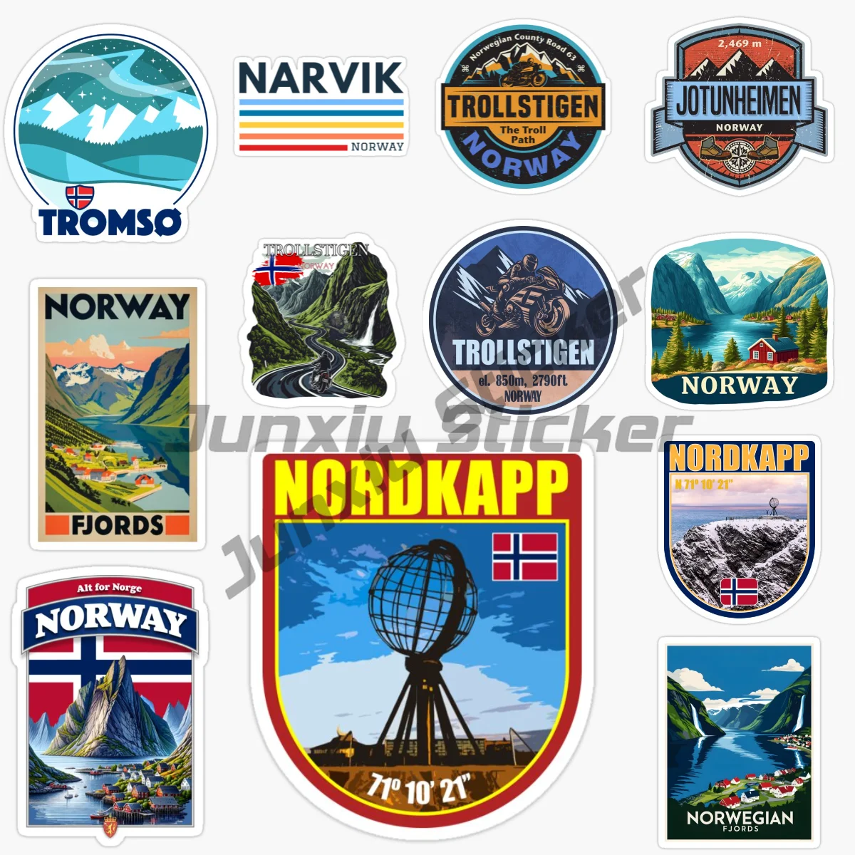 

NORWAY BERGEN LYSEVEGEN ROAD TROLLSTIGEN JOTUNHEIMEN GEIRANGER TROMSO NORDKAPP NORWEGIAN NORWAY FJORDS Car Stickers