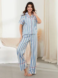 New Fashion Womens 2 Piece Pajama Set Short Sleeve Stripes Print Chest Pocket Shirt + Pants Set Sleepwear Loungewear S-XL