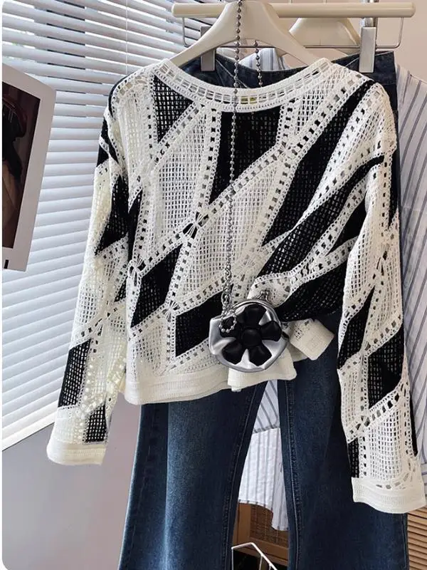 

Retro Long Sve Knitted Sweater Women Loose Slimming Hollow out Color Blo Top Casual French Sle Faionable Inner Wear