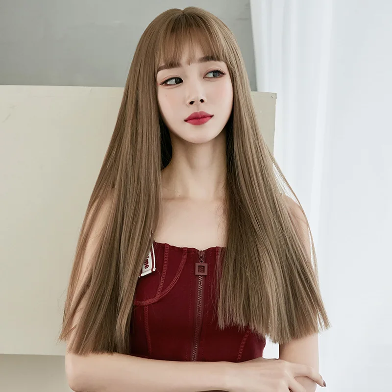 Wig female long hair, full head cover black long straight hair, natural air, bangs full top hair, realistic wig