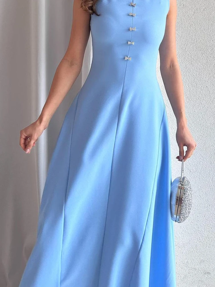 

Fashion Button Hight Waist Solid Color Dress Women's Casual Commuting Long Party Dresses Elegant O-Neck Sleeveless A-Line Dress