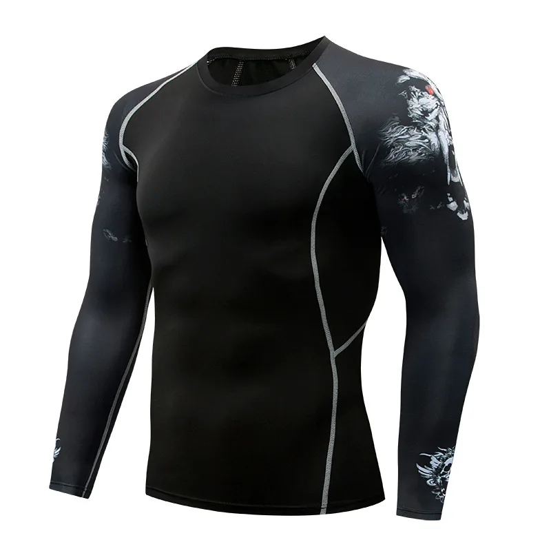 Compression Shirt Men Printed Sports Fitness Tight Training Top Running Long Sleeve T-shirt Workout Clothes Sportswear Gym Wear