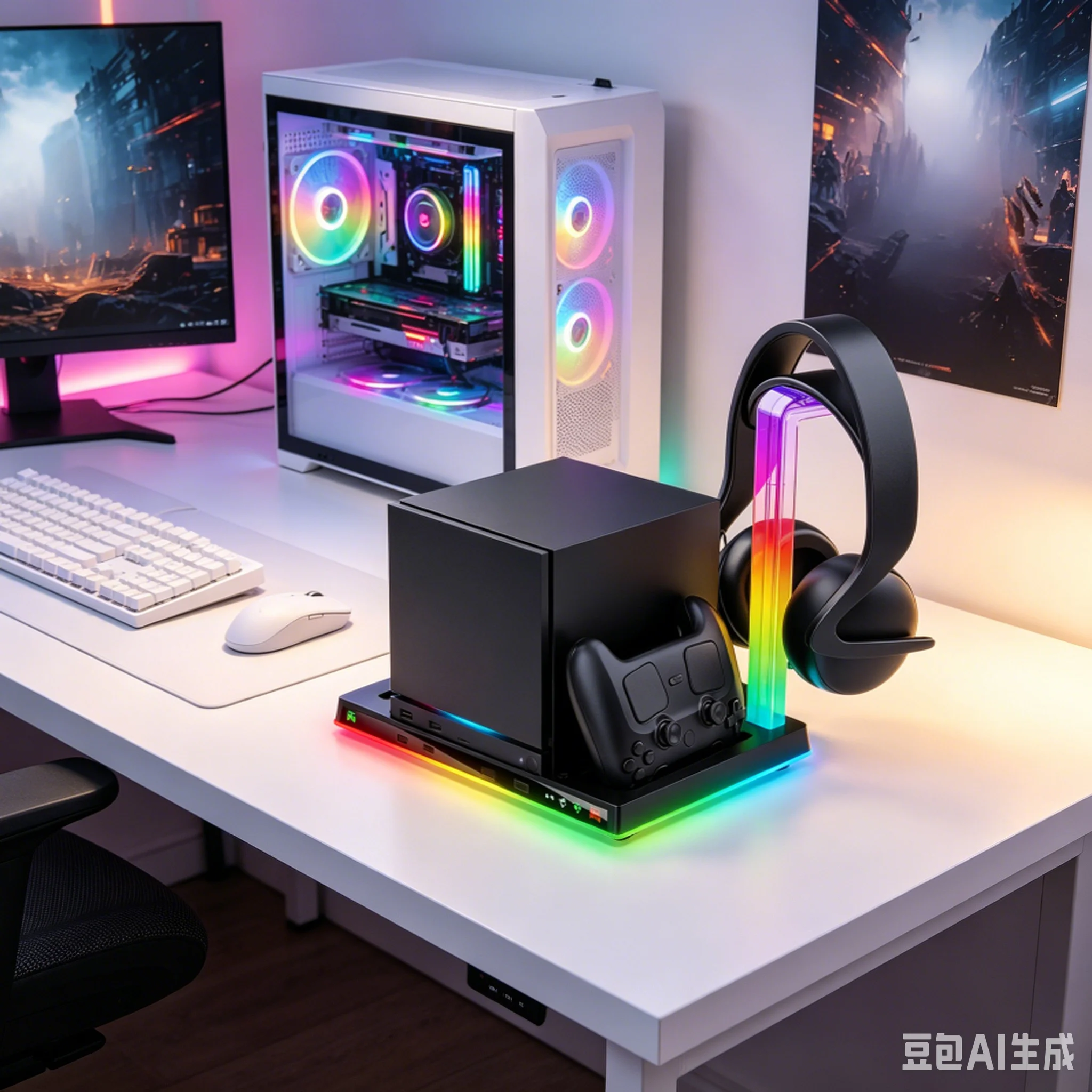 

RGB Cooling Fan Stand & Charging Dock For Steam Machine With Headset Hook Multi Functional Storage Charging Base Game Accessory