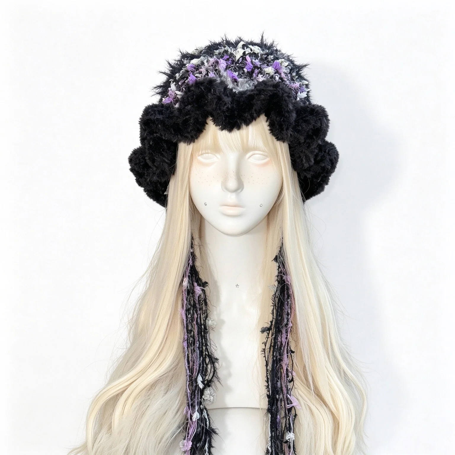 Handmade Pruple Black Witch Hat Women Winter Custom Crochet Fuzzy Knit Star Ruffled Brim Bucket Hat Cosplay Halloween Costume