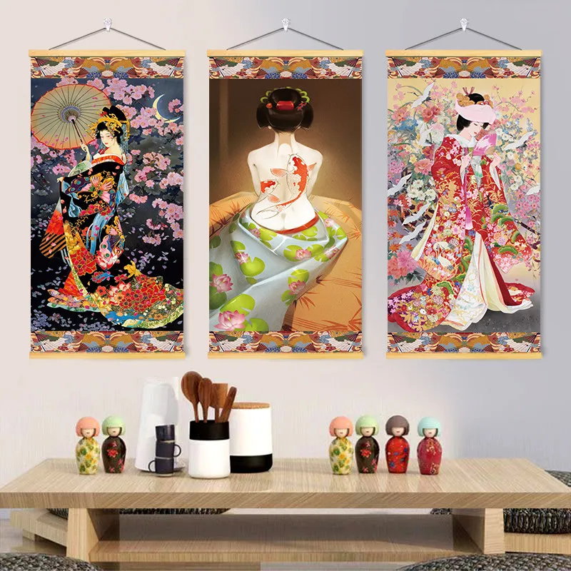 Japanese Lady Chart Geisha Wood Hanging Scroll Painting Posters Wall Art for Japanese Restaurant