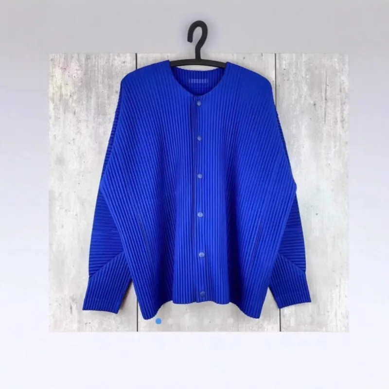 Miyake Pleated Long Sleeve Jacket Men Plisse 2026 Autumn New Collarless Hidden Button Cardigan Coat Textured Pleat Loose Fit Top