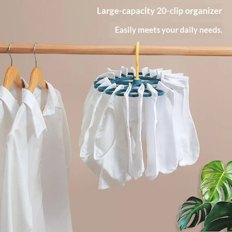 Sock Drying Rack Multi-functional 360° Rotatable Hanger with Non-slip Clips for Small Clothes Drying