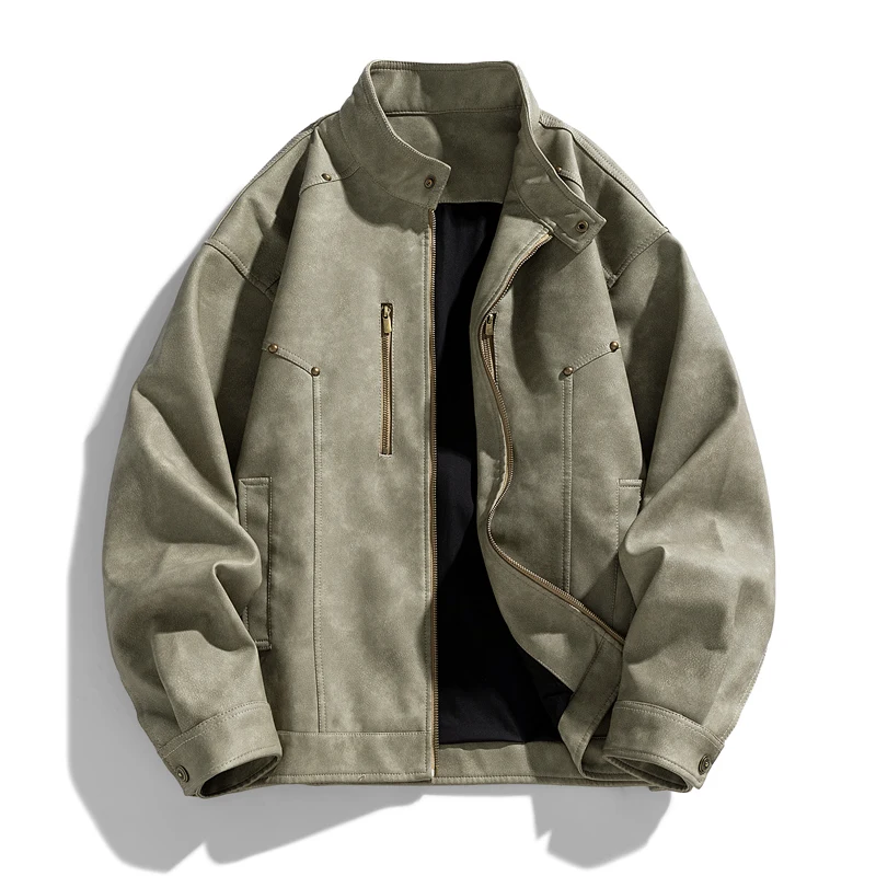 American Style Stand Collar Faux Leather Jacket Men Trend Motorcycles Casual Outwear Male Autumn Winter Loose Moto Biker Coats