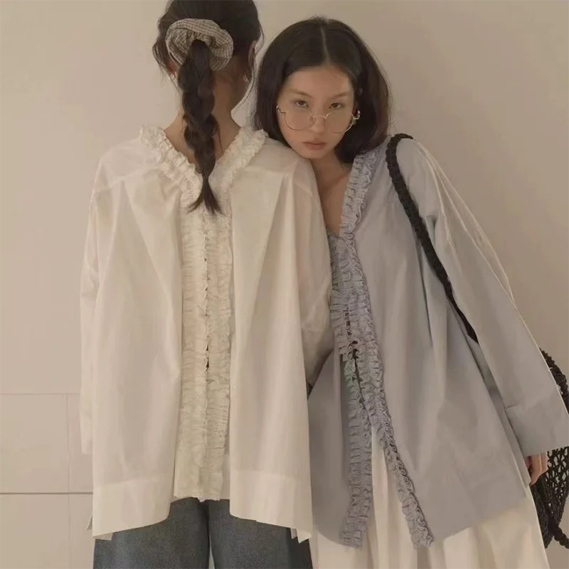 Camisa coreana de retales para mujer, Tops holgados elegantes de estilo pijo con cuello de pico, blusa informal de moda que combina con todo, novedad de verano Harajuku