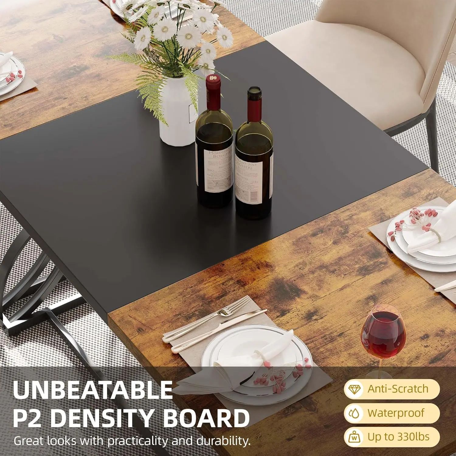 Mesa de comedor grande de granja de 70,3 pulgadas para 6-8 personas, mesa de comedor de cocina marrón rústica rectangular estilo industrial de madera con