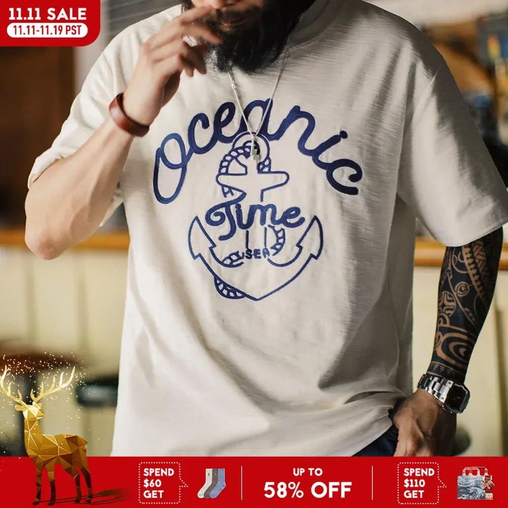 

Maden Men's Summer Vintage Embroidered Short Sleeves T-Shirt Beige Slub Cotton Crew Neck Tee Heavyweight Loose Breathable Tops