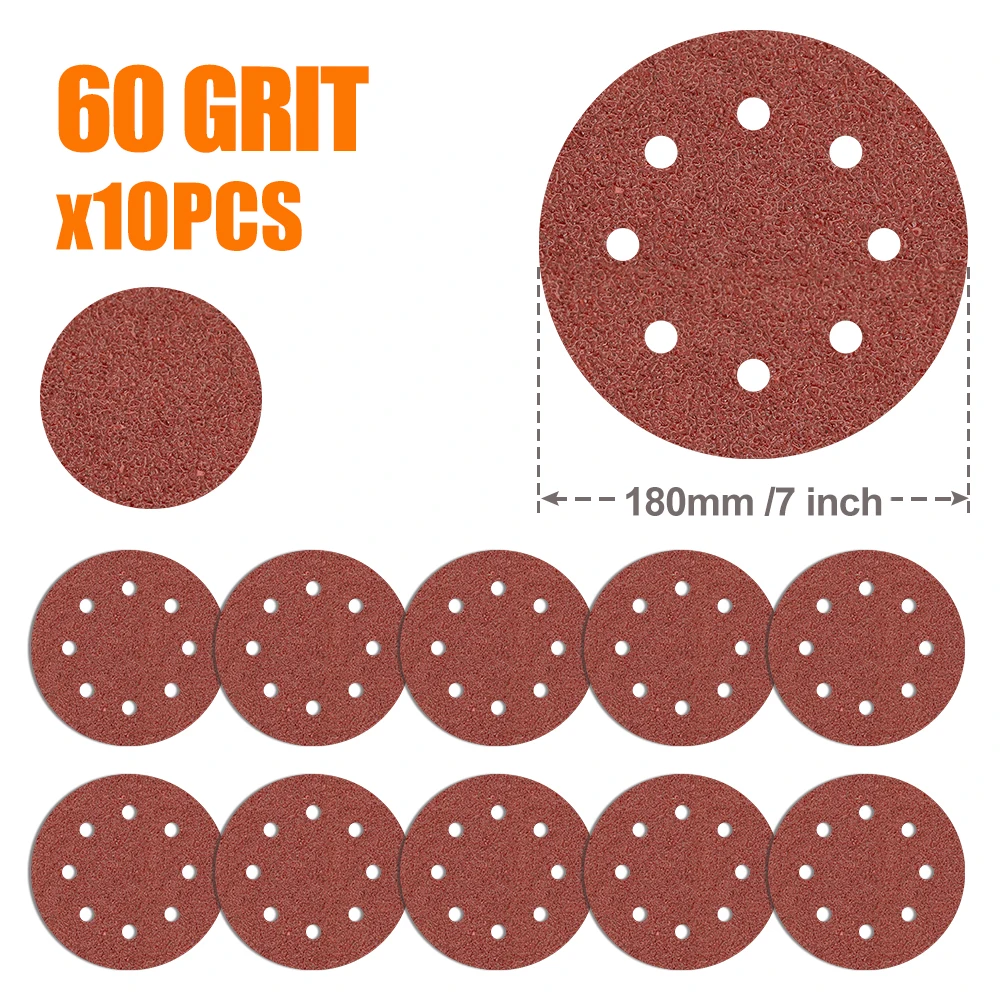 10pcs 7 Inch 180mm Sanding Discs 60-600 Grit Flocking Sandpaper Hook and Loop Abrasive Paper For Polishing Wood Metal