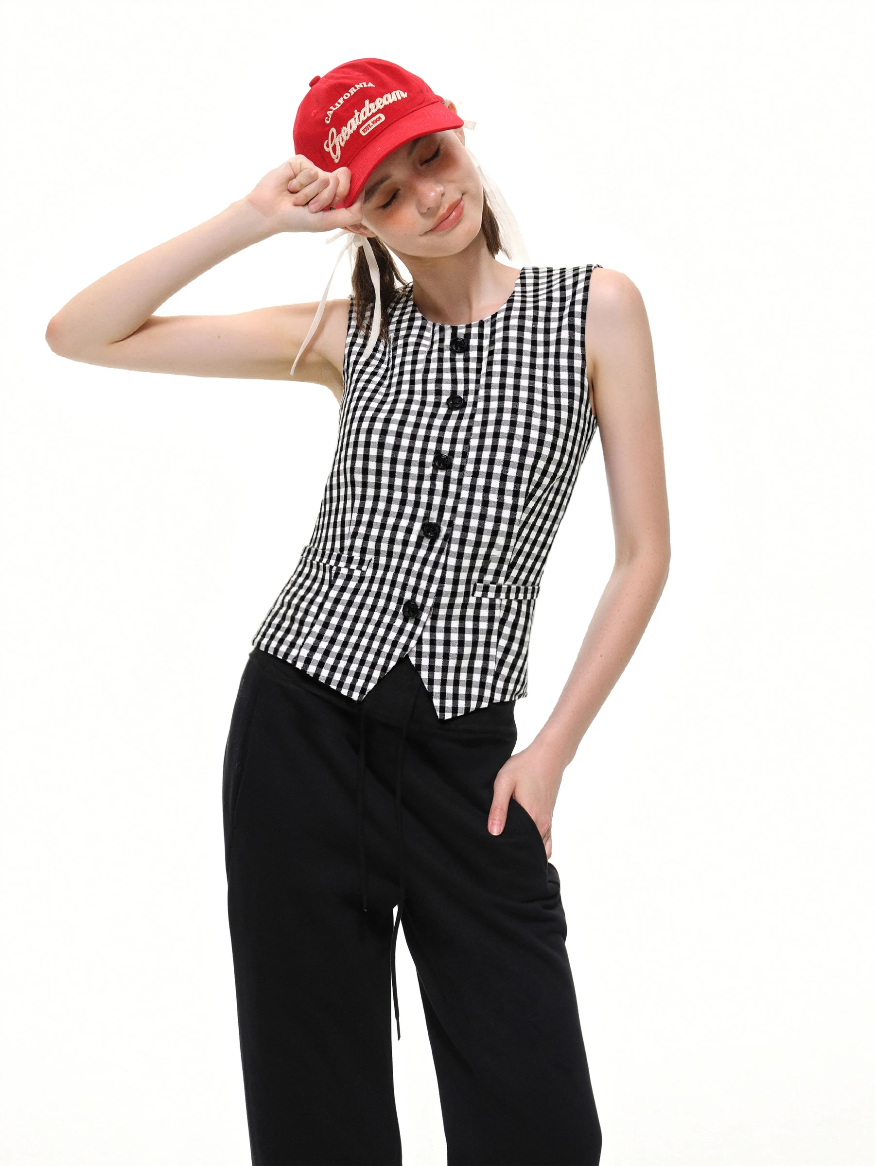 Black White Plaid Sleeveless Vest Women's Summer Waist Cinched Asymmetrical Single Button Tie Short Top American Style