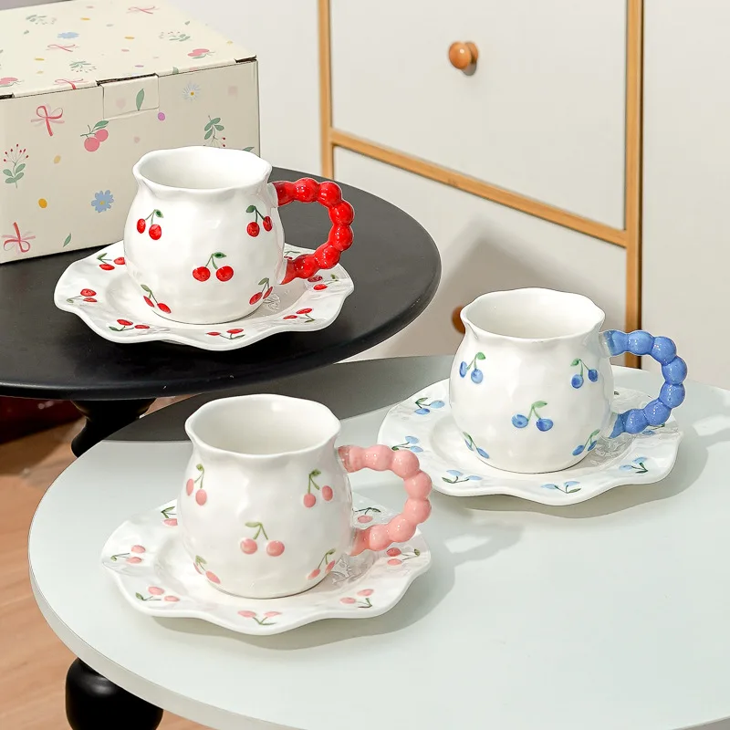 ins style retro flower ceramic cups and saucers, hand-squeezed irregular coffee Mugs and saucers, afternoon tea cups and saucers