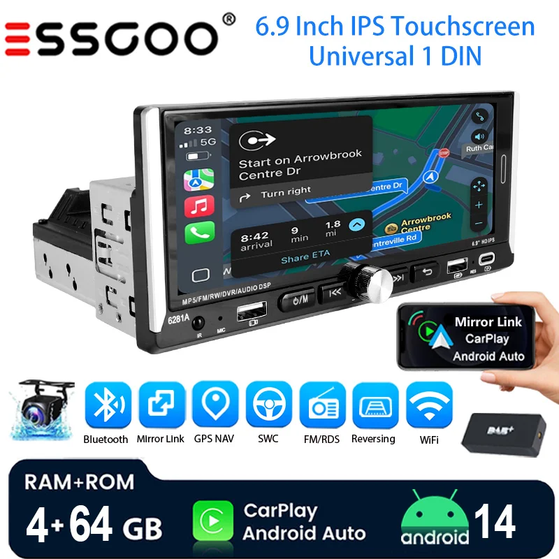ESSGOO 6.9 "Android 14 4 + 64G autoradio sans fil Apple Carplay Bluetooth Android Auto GPS Navi WIFI FM RDS SWC écran tactile