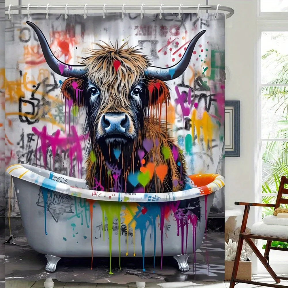 Boho Cow Graffiti Shower Curtain Bathroom Decor Funny Farm Animal Shower Curtain Waterproof Curtain