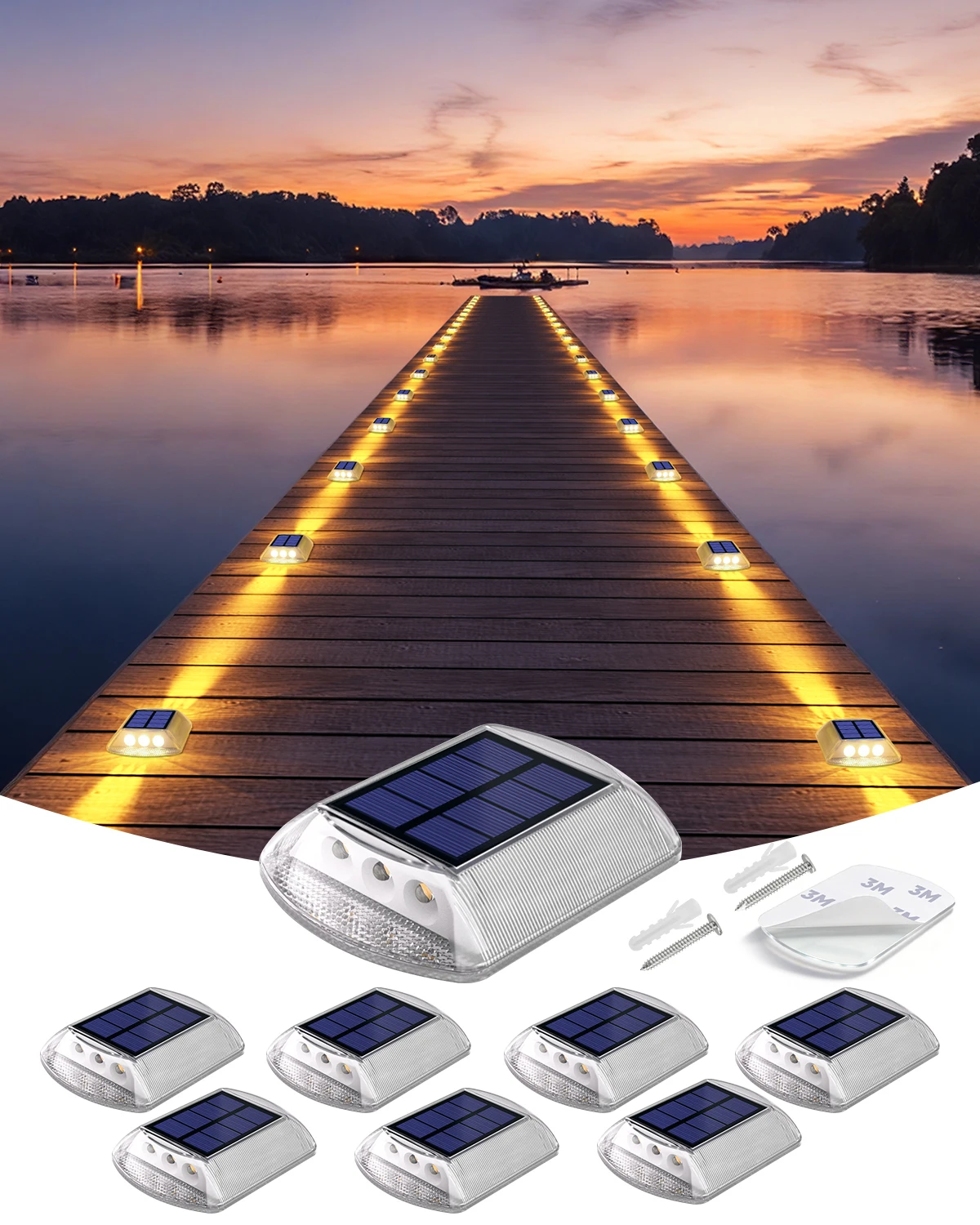 Solar LED Deck Lights Outdoor IP68 Waterproof Amber Warm Sturdy PC Shell Stick on & Screw Mount for Dock Step Walkway Patio Pool