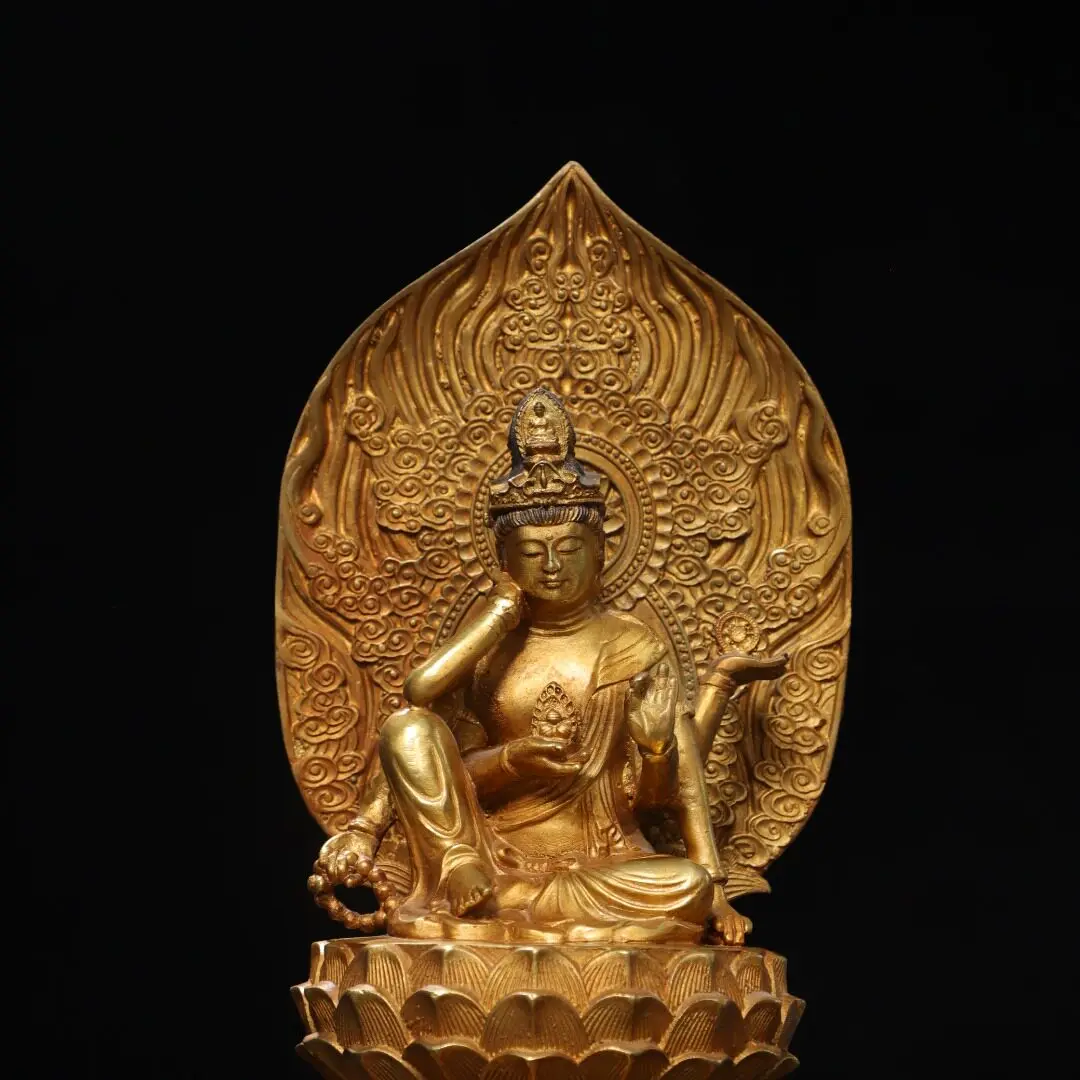 Cintamanicakra Six Armed Avalokitesvara Pure Copper Gold Gilded Home Altar Desktop Statue