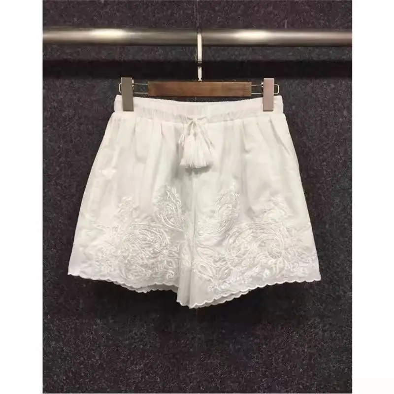

Fashion Lace up Elastic Waist Heavy Industry Embroidered Wide Leg Shorts Women Summer New High Waist Loose Causal White Shorts