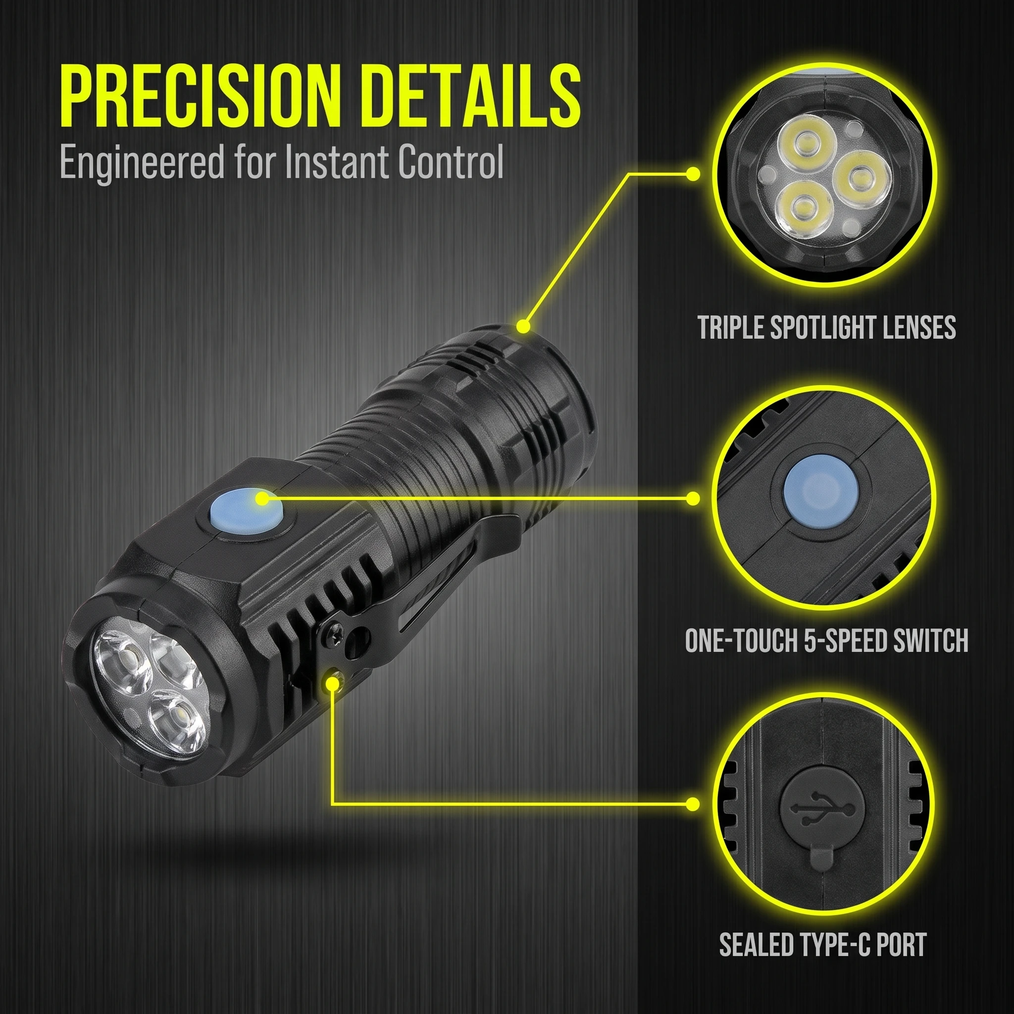 Mini EDC Flashlight 3x P35 LED Type-C Rechargeable 5 Modes Pocket Torch