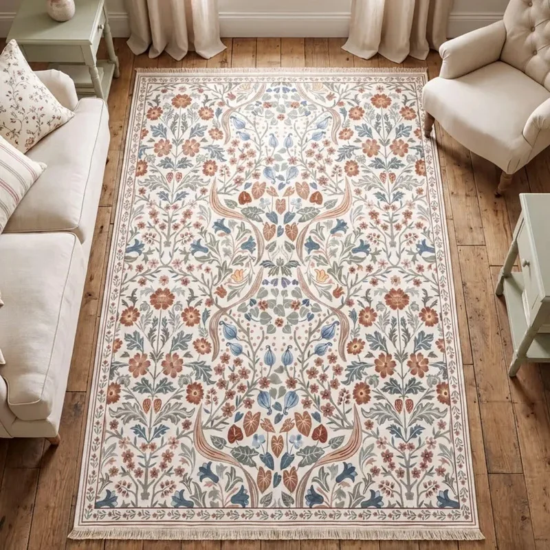 VIKAMA Cream Botanical Vine Rug, Terracotta Blue Sage Floral Cottagecore Print, Washable Non-Slip for Living Room Bedroom