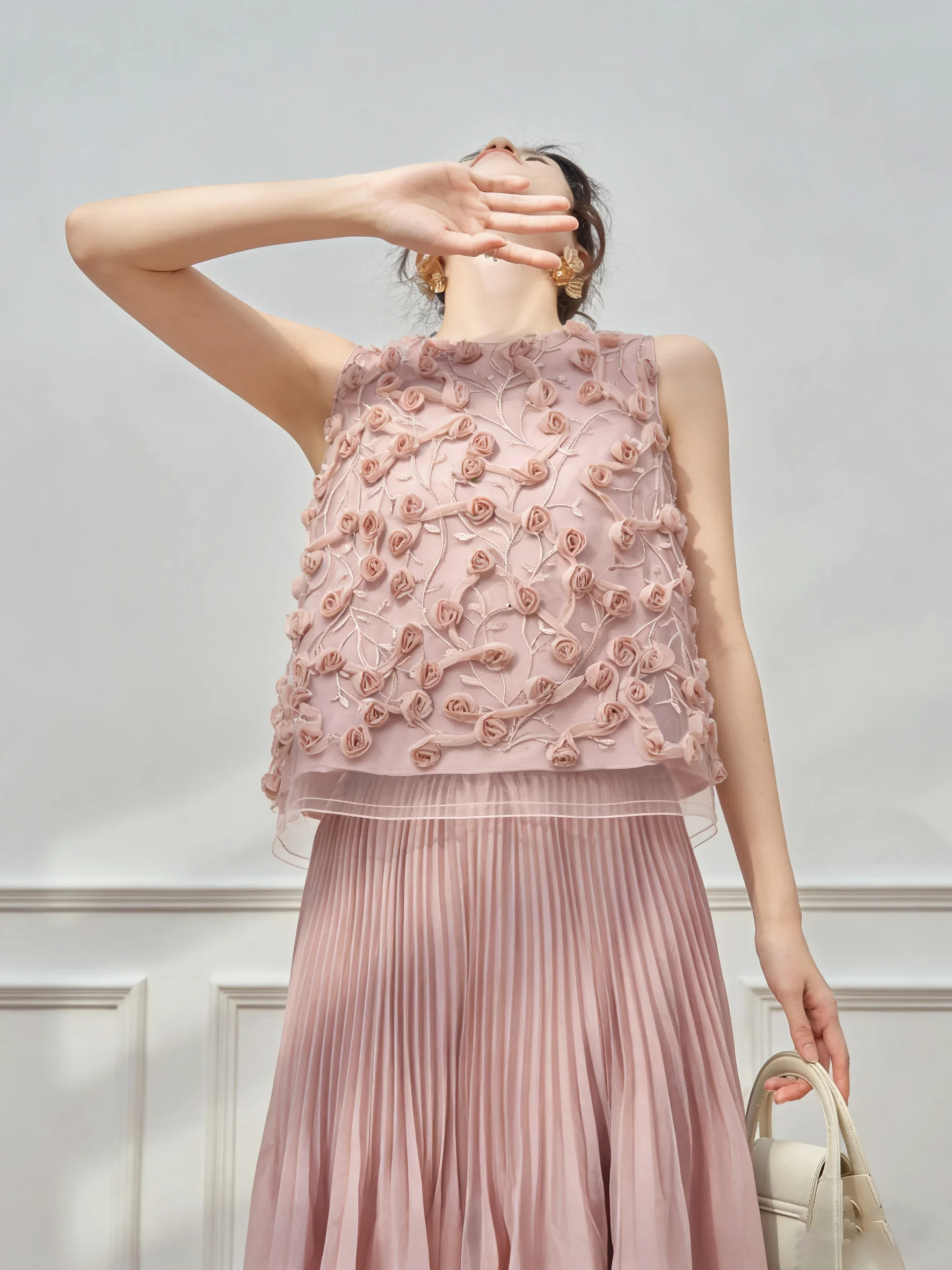 

Pink 3D Rose Sleeveless Vest Skirt Set Women's 2026 Summer Fashion High Waist Plant Floral Print Casual Loose Fit Style