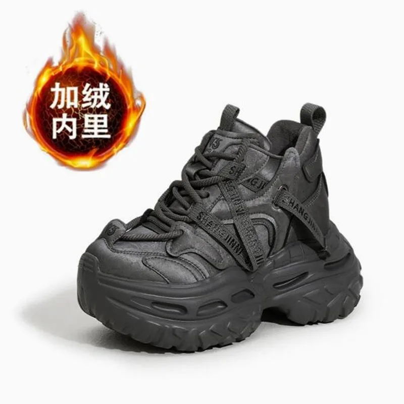 

Женские повседневные кроссовки из натуральной кожи на скрытой танкетке 9 см, теплые, на меху, на вулканизированной платформе, высокие, для скейтбординга, модель 2026