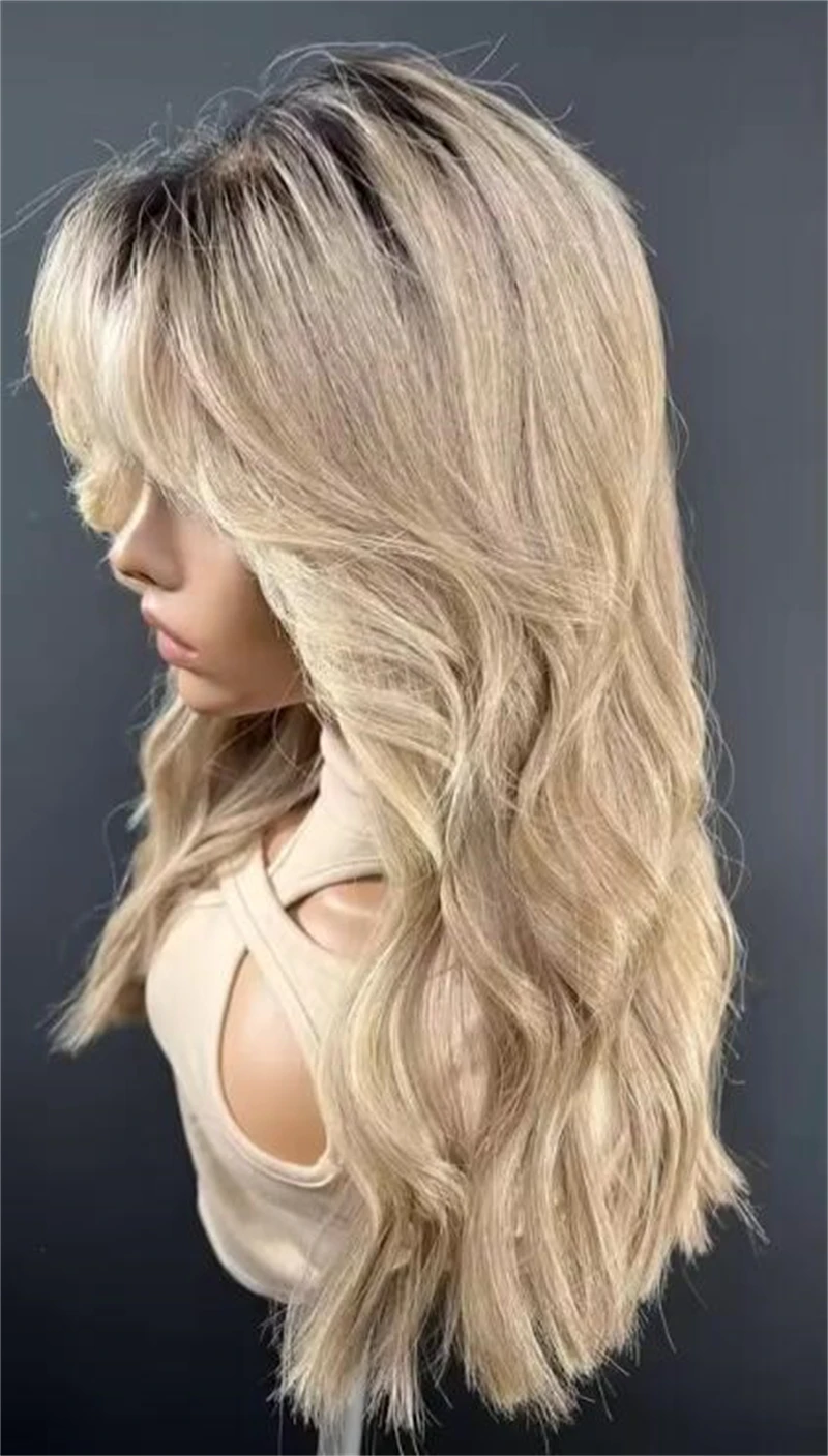 Human Hair Wig with Bangs Lace Front Wigs Glueless Ombre Warm Honey Blonde Lace Part Wig on Sale 100% Raw Brazilian Hair Qearl