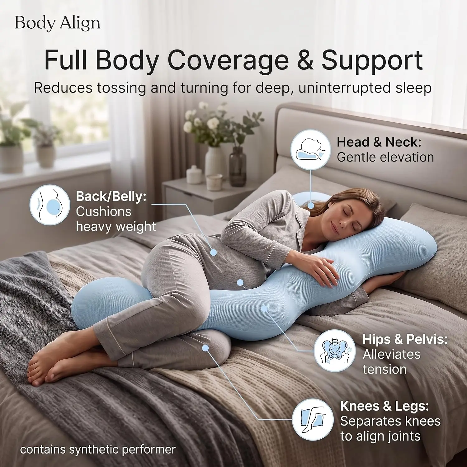Plus+ Cooling Pillow for Side Sleepers, Breathable Pregnancy Maternity Long L Shaped Hugging Pillow, Skin-Friendly Support Cushion with Removable Cover for Full Body & Leg Support，Blue