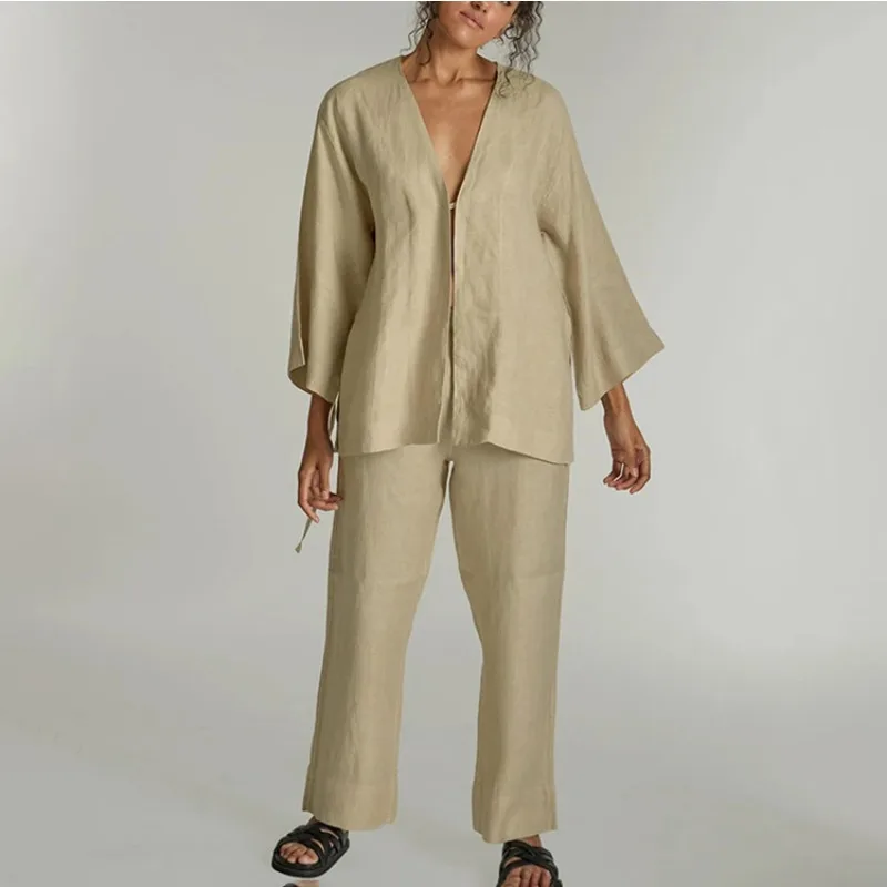 Women's Fashion Loose Fit Seven Quarter Sleeve Top High Waisted Trousers Set Comfortable Breathable Ramie Cotton Loungewear Cozy