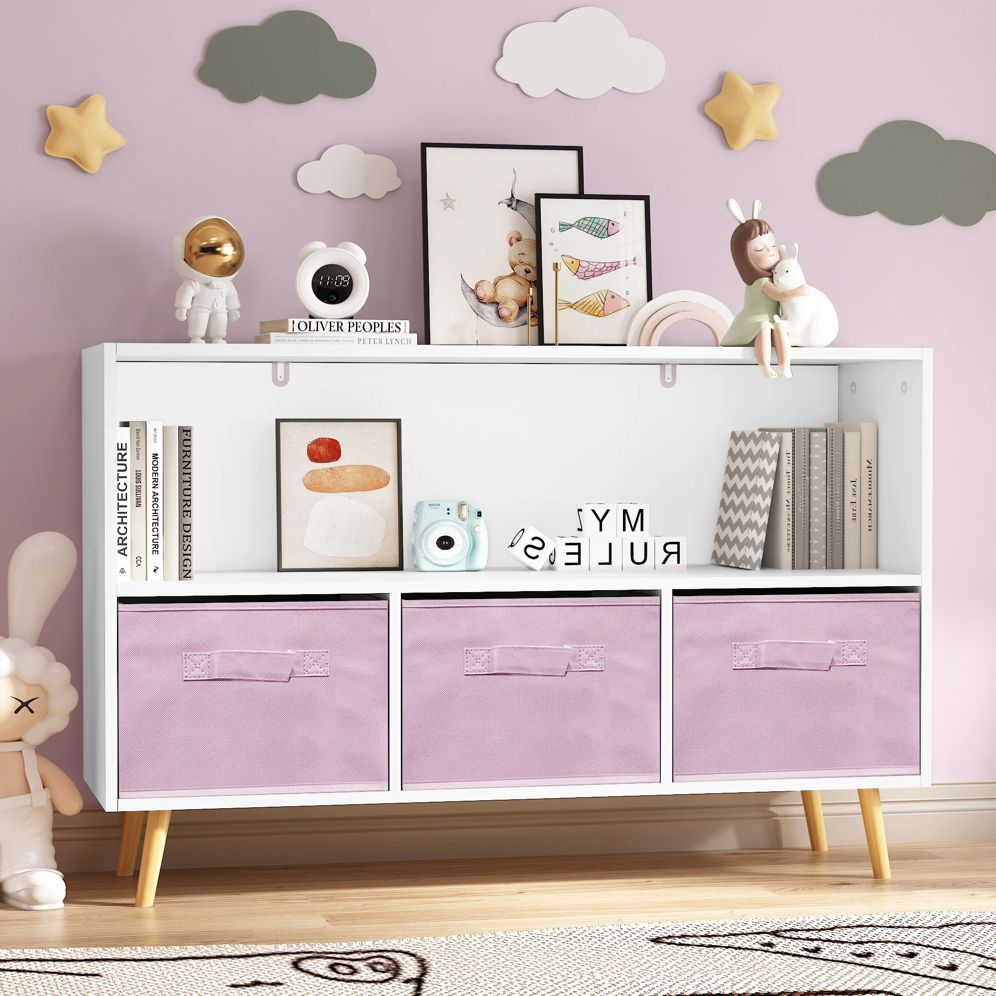 Kids Bookcase with Collapsible Fabric Drawers