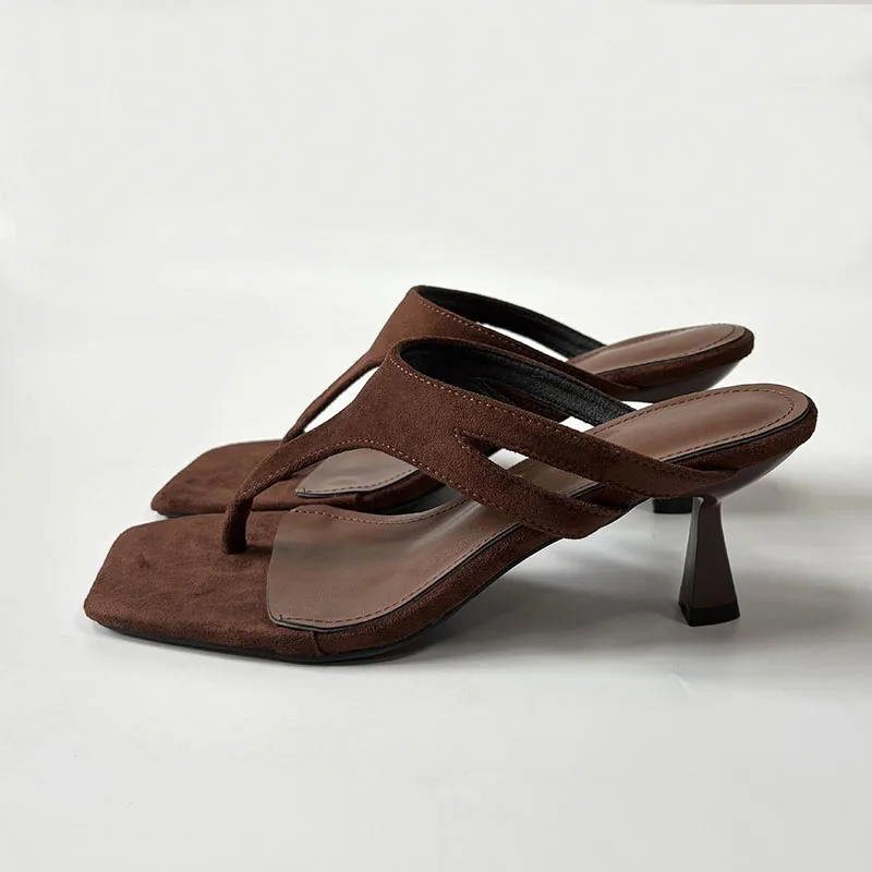 

New Flock Women Thin Heel Slippers Flip flops Shoes Fashion Square Toe Ladies Heeled Slippers Shoes Female Sandals Slides