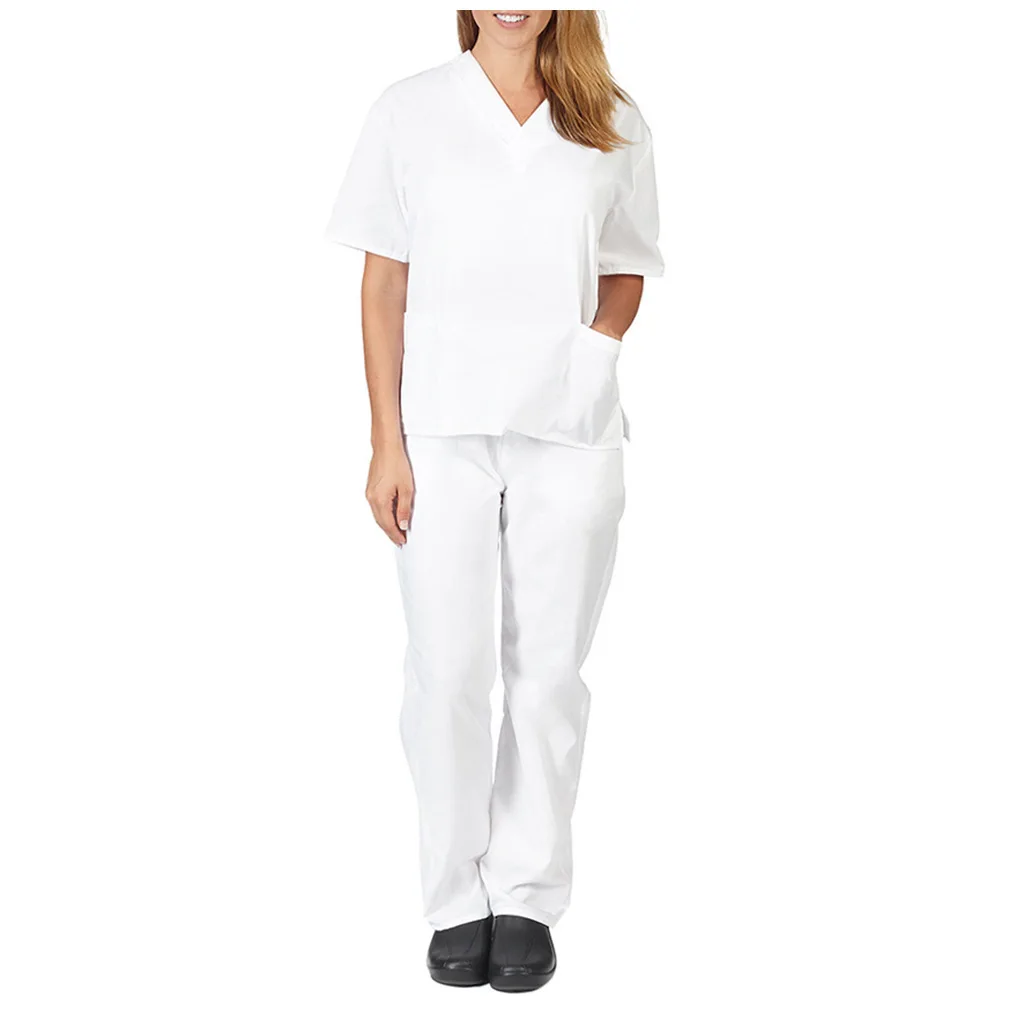 Women's Scrub Set V Neck Short Sleeve Top with Front Pockets and Straight Leg Pants for Nurses медицинский костюм женский