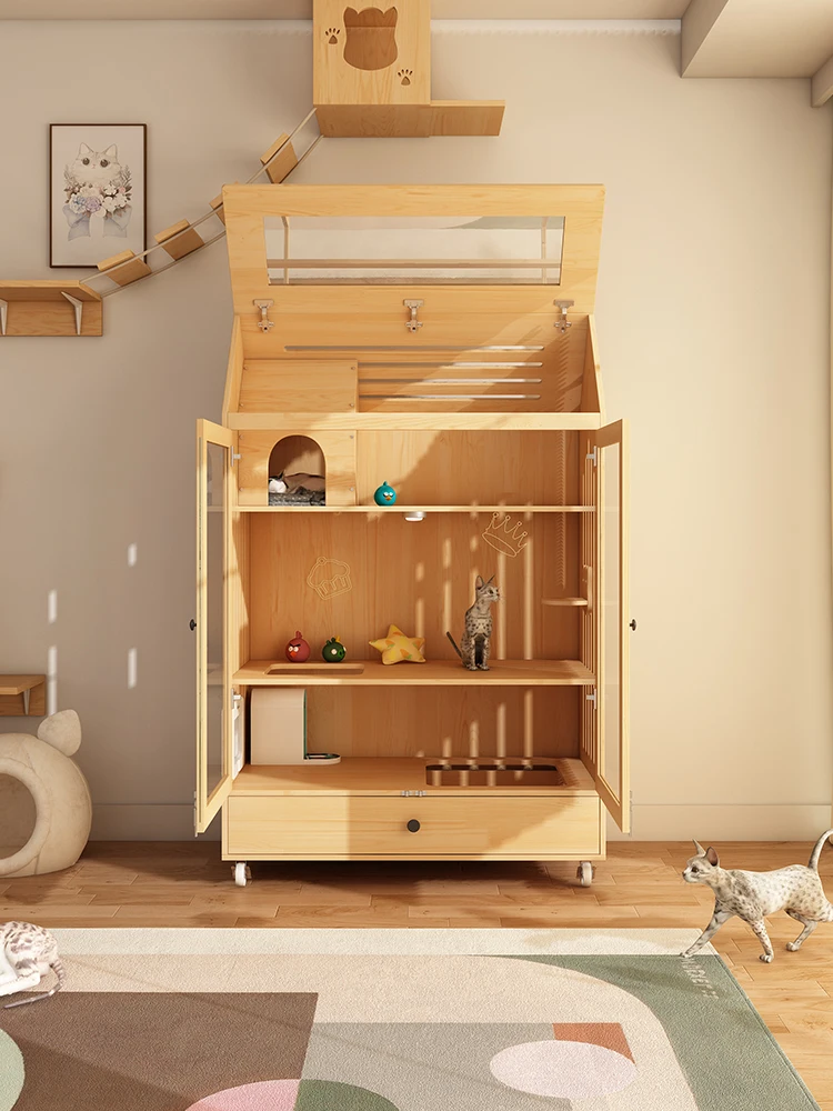

Luxury cat villa household indoor solid wood cat cage oversized pet wooden house