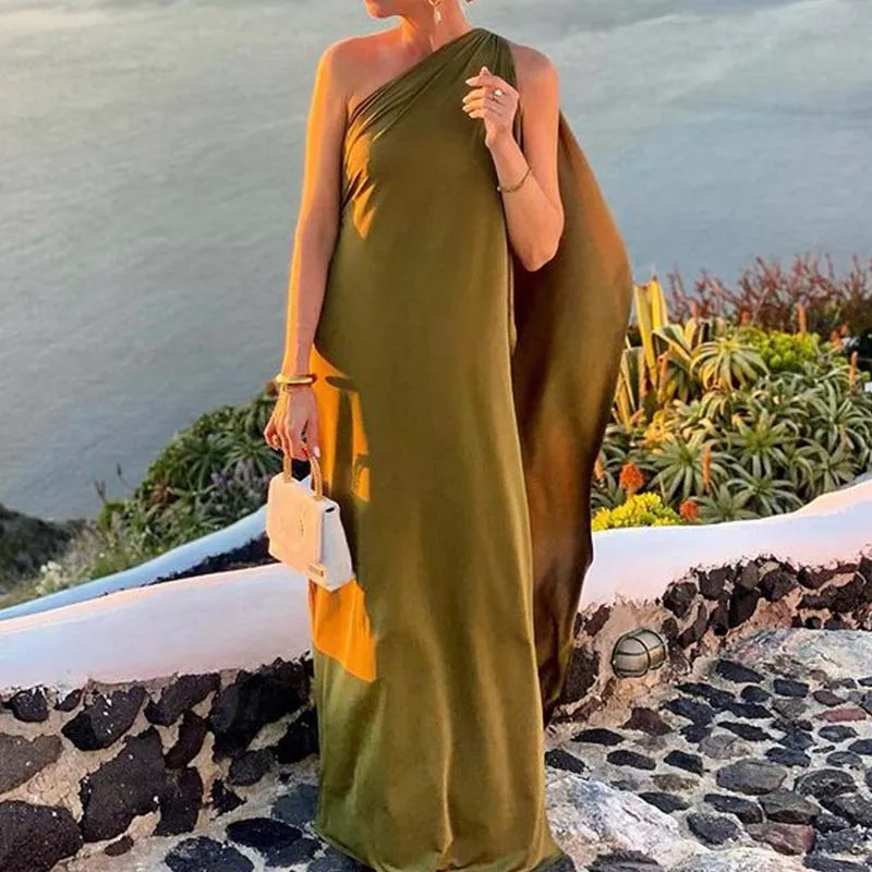 Abito lungo irregolare con colletto obliquo Sexy da donna primavera Solid Backless Hem Boho Maxi Dress Summer abito da spiaggia senza maniche monospalla