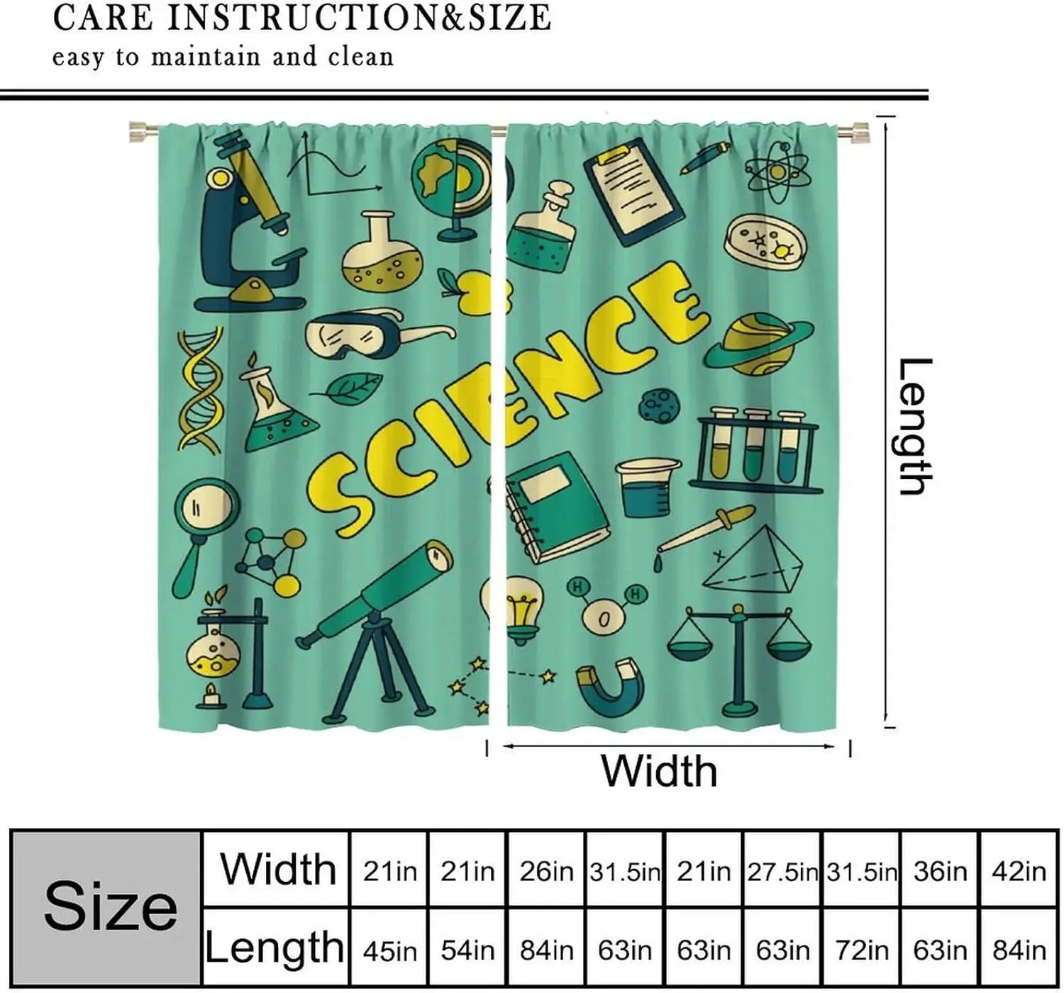2pcs Science Pattern Curtains STEM Education Laboratory Theme Window Decor for Classroom Home School Room