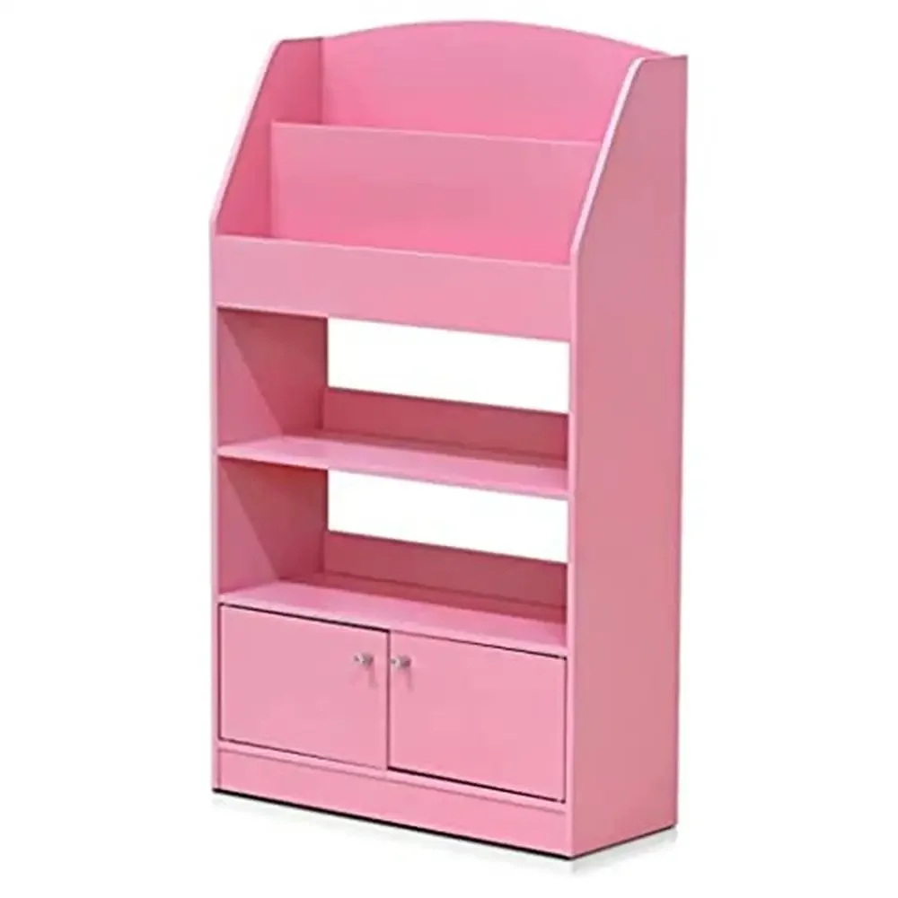 Wooden Magazine and Book Storage Cabinet with Drawer and Shelves Pink Space Saving Freestanding Tiered Shelf Rectangular 9.45D x