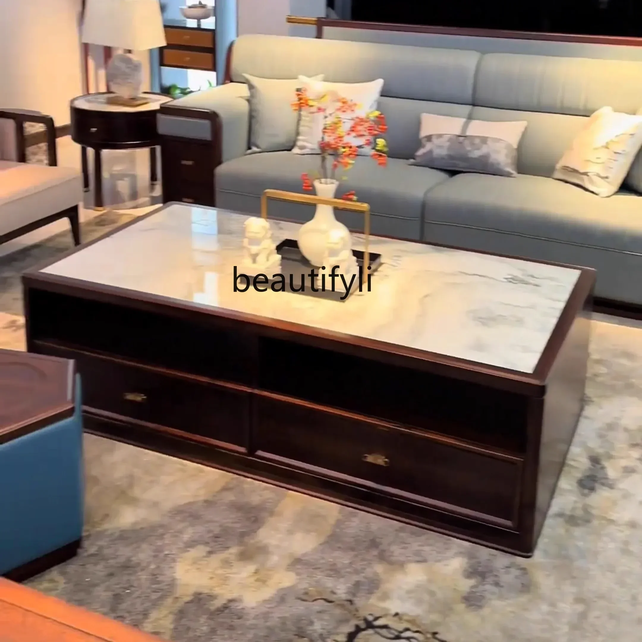 YH8 New Chinese ebony leather sofa combination, large and small apartment living room solid wood furnitureH