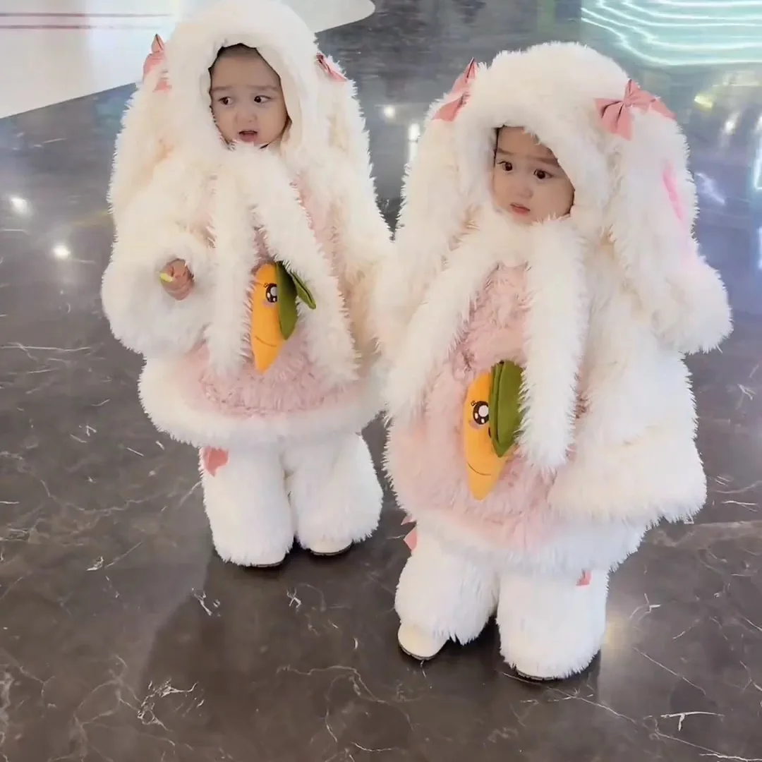 Kid Girl Thick Warm Coat Cute Rabbit Design Plush Jacket Korean Autumn Winter Toddler Baby Outerwear Birthday Gift Girls Coat