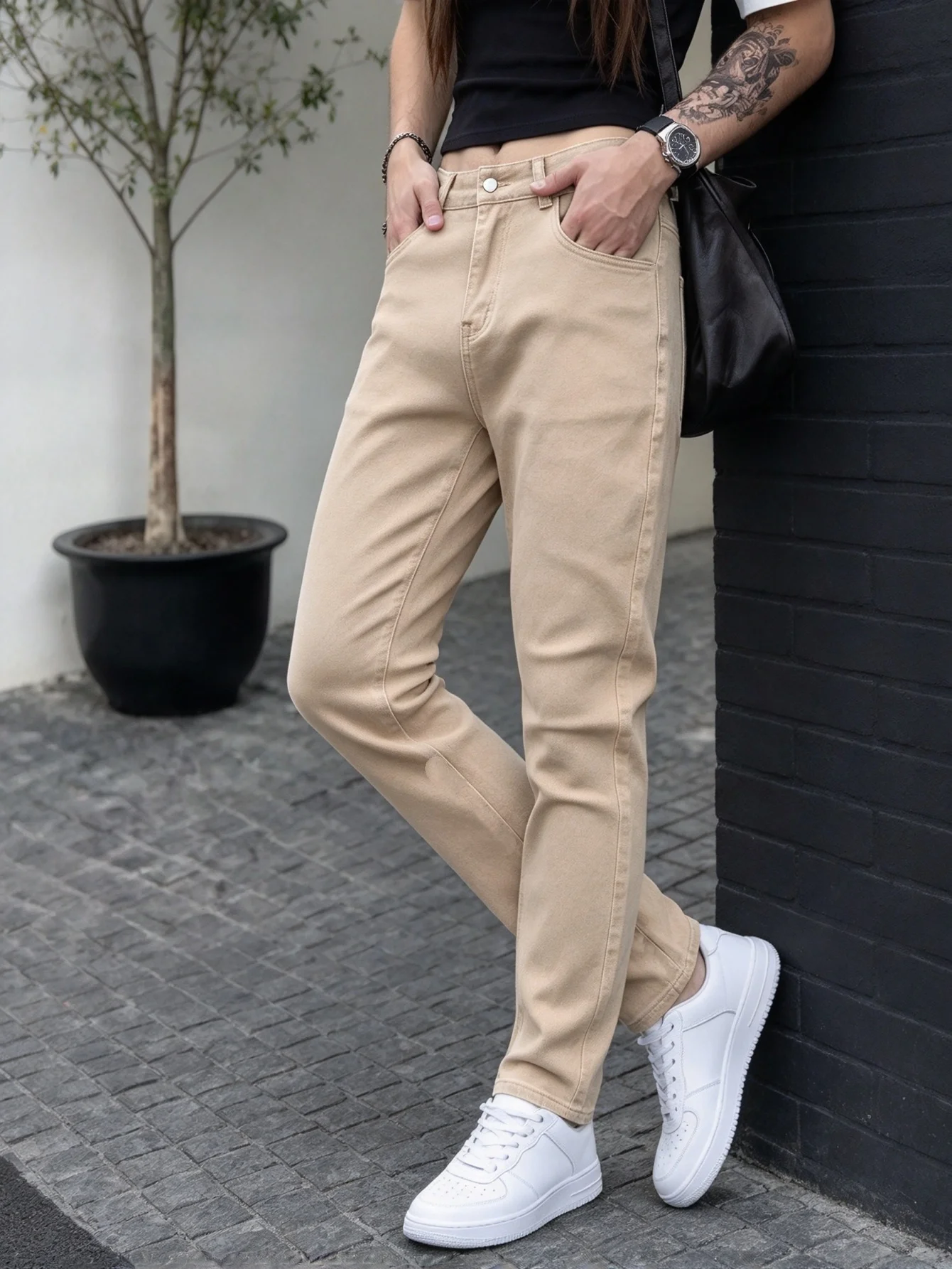 Men's Khaki Denim Long Jeans Y2K Nostalgic Trendy Slim Cut Fashion Pants Ideal Present for Lover Street Wear