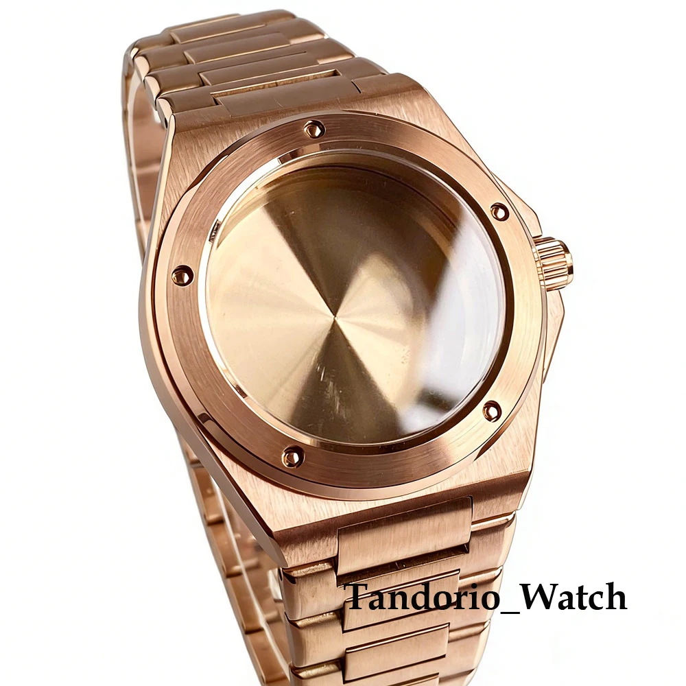 Tandorio Engineer Style NH35 PT5000 ETA 2824 Men's Watch Case 100m Waterproof Sapphire Glass 40mm Rose Gold Watch Case Strap Set