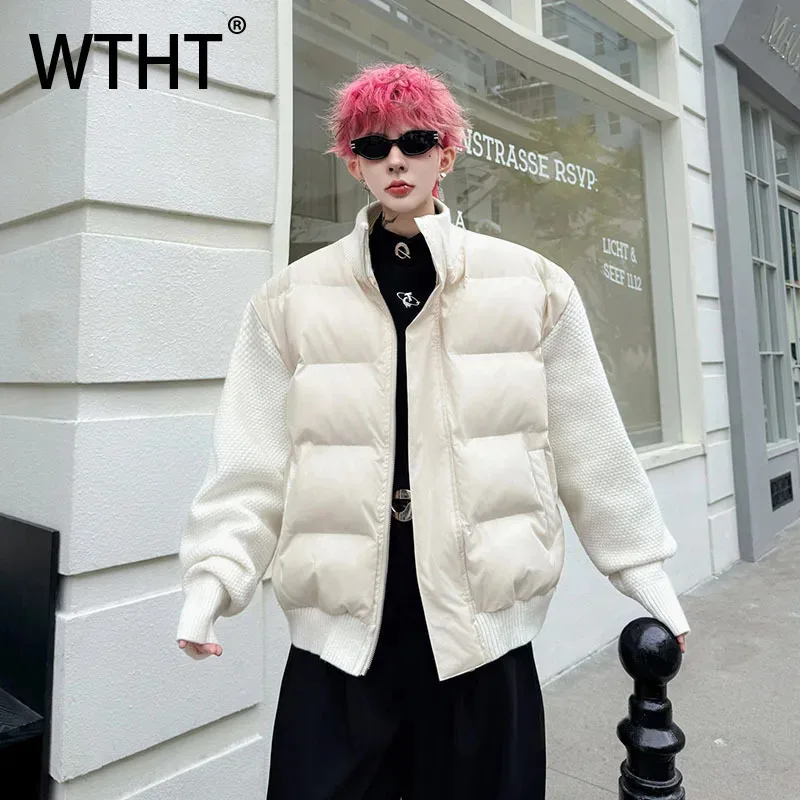 WTHT Fashion Men's Spliced Fake Two-pieves Design Loose Coats Trendy Stand Collar Casual Jackets Male 2025 Winter 2A2354