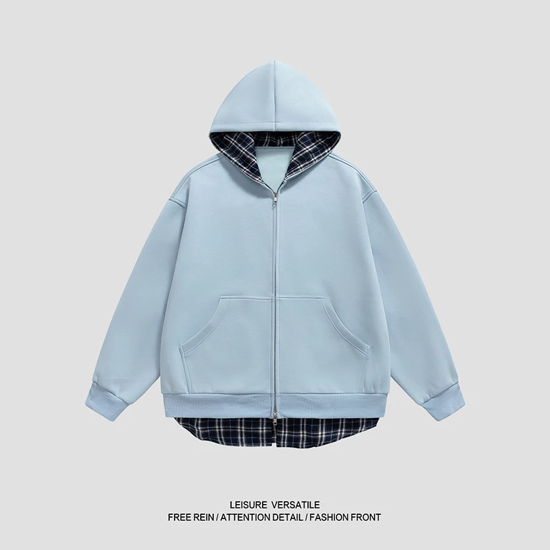 

Spring and Autumn Men's Faux Leather Two-Piece Hooded Jacket with Checkered Lining, Loose-Fitting Zipper Cardigan, Streetwear