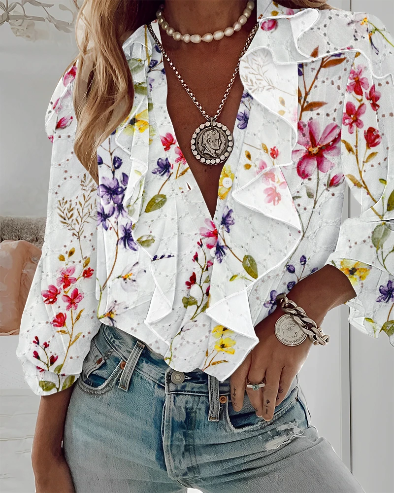 

Women's Elegant Blouses 2025 Autumn Winter Latest Sweet Printed Embroidered Lotus Leaf Side Sleeve Top Sexy V-Neck Loose Shirt