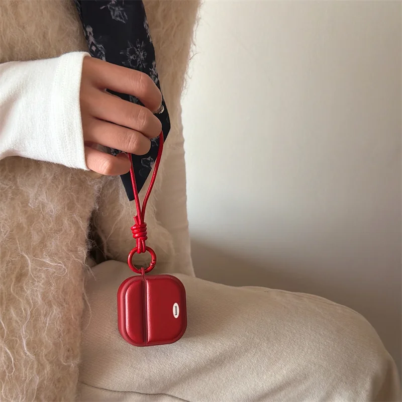 

Minimalist Red White Color Block Faux Leather Magnetic With Lanyard Earphone Cover Case for AirPods 1 or 2 3 4 Pro 2 Pro 3