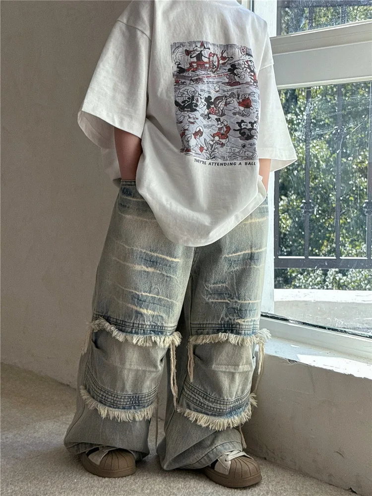 

Весенние джинсовые брюки для мальчиков, детские широкие прямые брюки для мальчиков, повседневные брюки свободного кроя, детские модные спортивные штаны, брюки для детей 2–8 лет