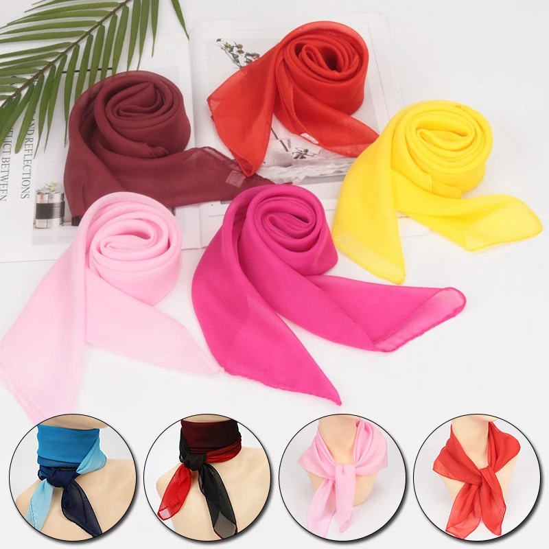 65cm Chiffon Solid Color Scarf Ladies Head Neck Square Scarf Shawls Dance Gauze Scarf Female Hair Ties Bands Neckerchief Shawl