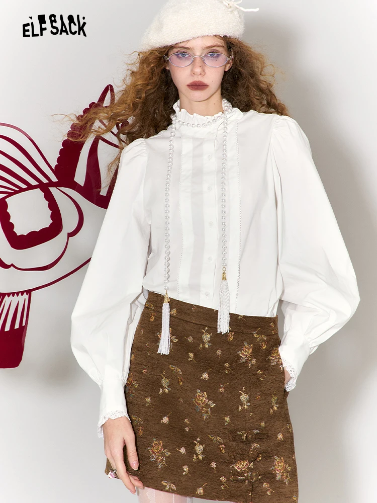 

Ele White Lace Insert Women's irt Vintage Sle Straight Cut Long Sve Cotton Blend Inner Wear Layering Top